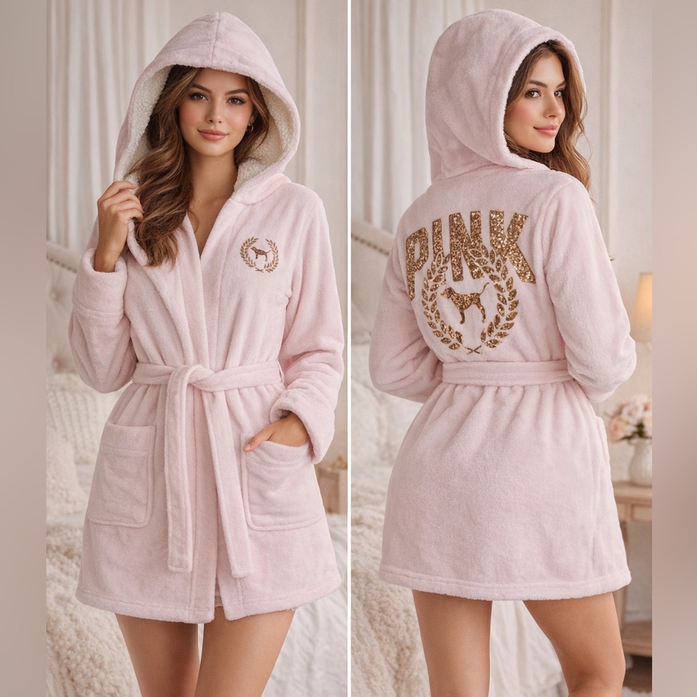 PINK Victoria’s Secret Sherpa Hooded Robe XS/S Pink Gold Sequin Dog Logo
